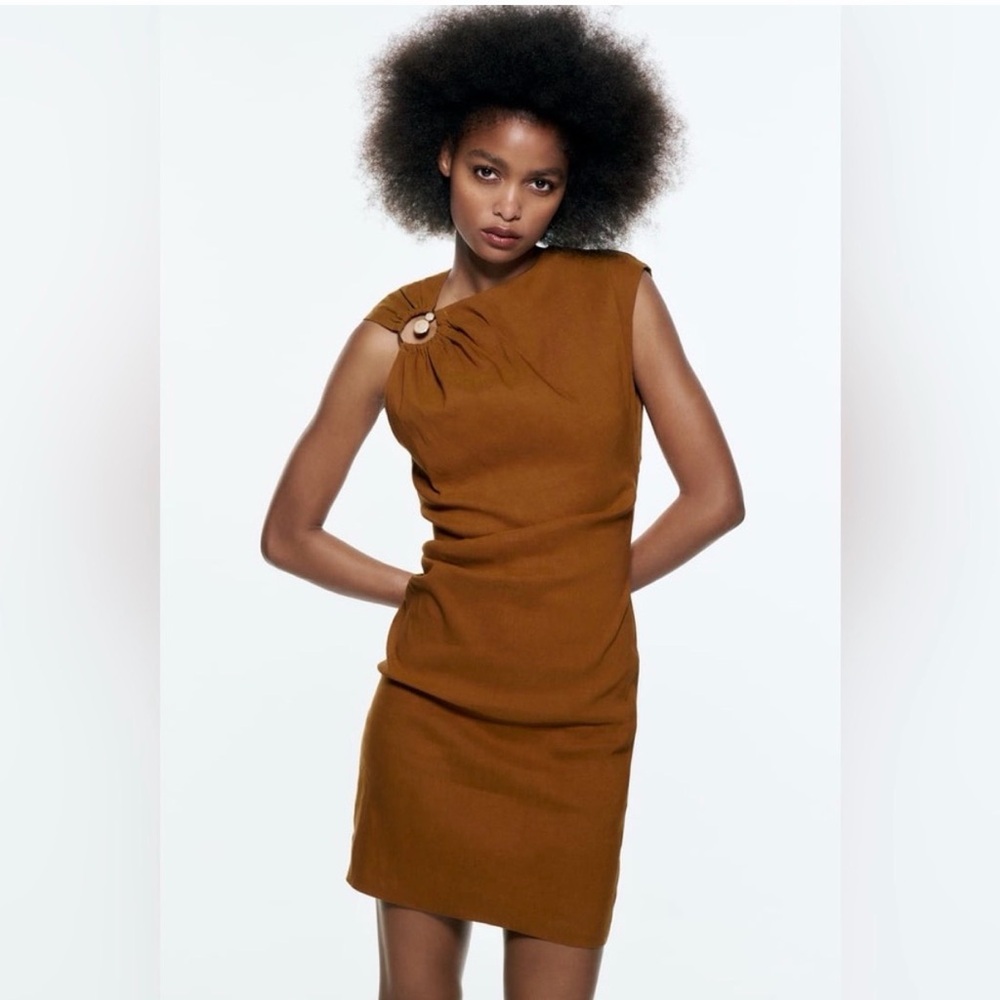 Zara Brown One-Shoulder Linen Dress
